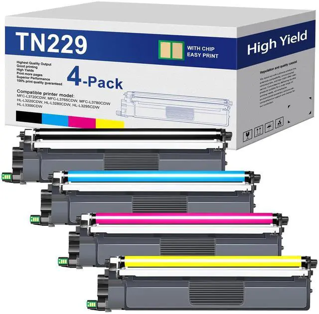 Main image of TN229 Toner Cartridges 4 Pack TN229BK/C/M/Y Replacement for Brother 229 TN-229 TN229XL TN-229XL Toner for HL L3280CDW MFC L3720CDW Printer Toner - TN2294PK (Black, Cyan, Magenta, Yellow)
