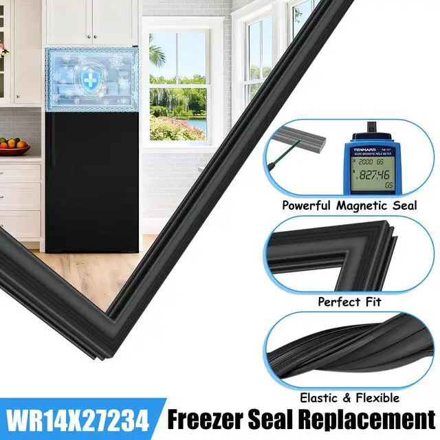 Alt view image 4 of 7 - Upgraded WR14X27234 Freezer Door Gasket Compatible with GE Freezer Door Seal Replacement WR14X21197 WR14X21235 4468125 for Hotpoint Refrigerator Door Gasket Replacement Black Fridge Seal 26.57"x17.13"