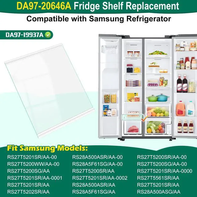 Alt view image 2 of 7 - Upgraded DA97-20646A Refrigerator Glass Shelf Compatible with Samsung Fridge Shelf Replacement RS27T5201SR RS28A500ASR Freezer Lower Glass Replacement Part, Tempered Glass Crisper Drawer Cover