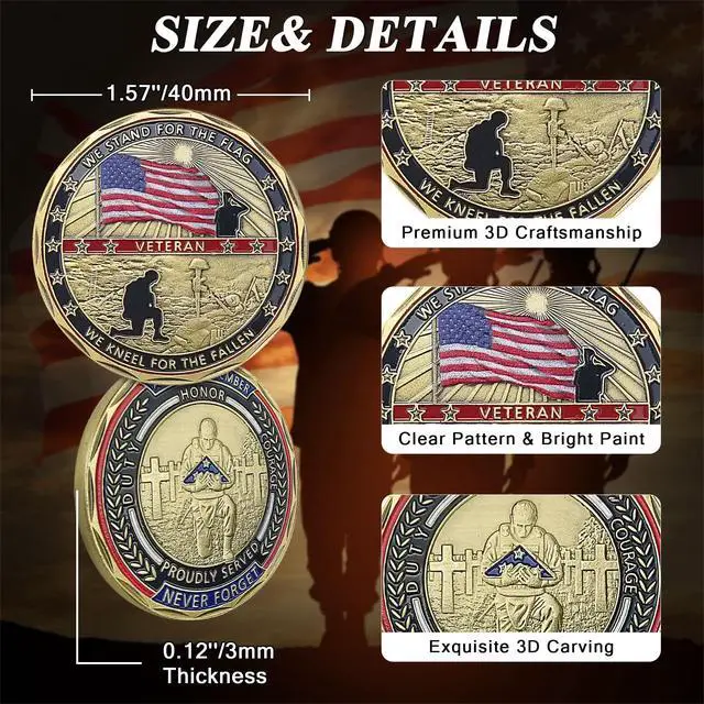 Alt view image 3 of 7 - 82 PCS Military Challenge Coins, US Military Coins Veteran Challenge Coin - Stand for The Flag, Kneel for The Fallen - Military Commemorative Appreciation Gifts