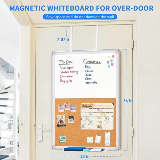 Alt view image 2 of 7 - 36"x24" Magnetic Whiteboard & Cork Board Combo for Door No-Drill Adjustable Hooks, Dry Erase & Pin Board for Home, Office, Dorm, Cubicle, and Small Spaces