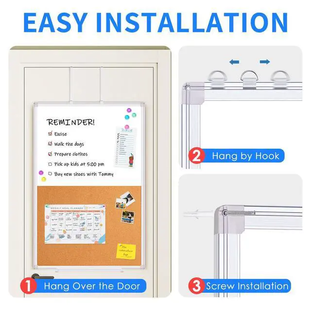 Alt view image 4 of 7 - 36"x24" Magnetic Whiteboard & Cork Board Combo for Door No-Drill Adjustable Hooks, Dry Erase & Pin Board for Home, Office, Dorm, Cubicle, and Small Spaces