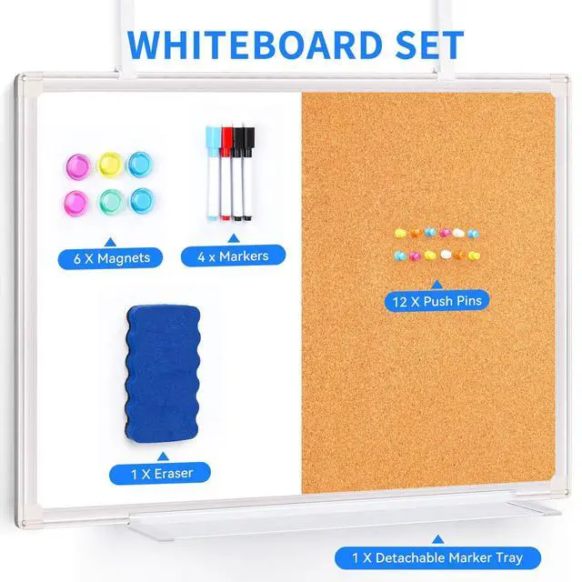 Alt view image 7 of 7 - 36"x24" Magnetic Whiteboard & Cork Board Combo for Door No-Drill Adjustable Hooks, Dry Erase & Pin Board for Home, Office, Dorm, Cubicle, and Small Spaces