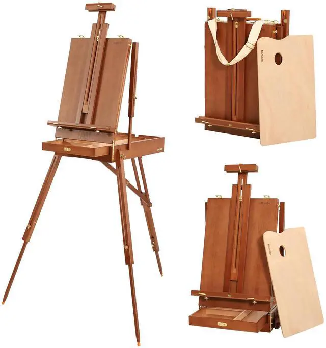 Main image of French Easel for Painting with Palette, Shoulder Strap & Storage, Adjustable Beech Wood Travel Art Easel Stand, Portable Sketchebox Plein-Air Easel for Adults, Artists, Table Top & Floor Use