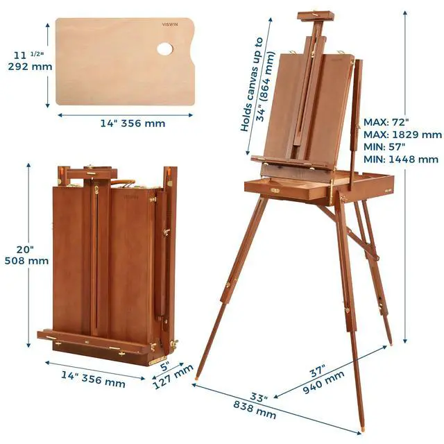 Alt view image 2 of 5 - French Easel for Painting with Palette, Shoulder Strap & Storage, Adjustable Beech Wood Travel Art Easel Stand, Portable Sketchebox Plein-Air Easel for Adults, Artists, Table Top & Floor Use
