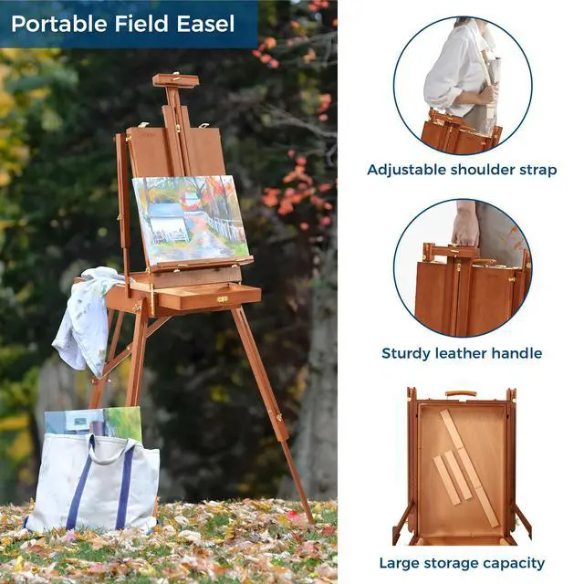 Alt view image 3 of 5 - French Easel for Painting with Palette, Shoulder Strap & Storage, Adjustable Beech Wood Travel Art Easel Stand, Portable Sketchebox Plein-Air Easel for Adults, Artists, Table Top & Floor Use