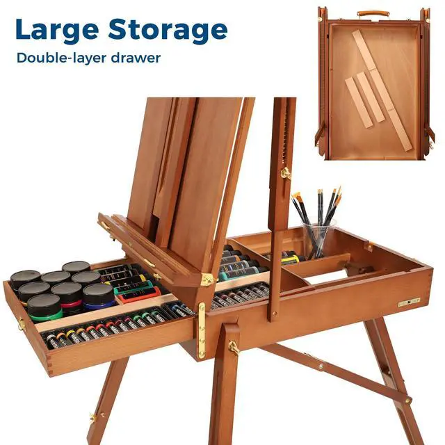 Alt view image 4 of 5 - French Easel for Painting with Palette, Shoulder Strap & Storage, Adjustable Beech Wood Travel Art Easel Stand, Portable Sketchebox Plein-Air Easel for Adults, Artists, Table Top & Floor Use