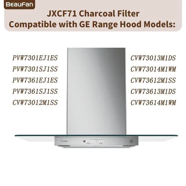 Alt view image 2 of 6 - 2 Pack Charcoal Filters Replacement for GE JXCF71 Range Hood Models PVW7301SJ1SS, PVW7361EJ1ES, PVW7361SJ1SS, CVW73012M1SS, CVW73013M1DS, CVW73014M1WM, CVW73612M1SS, CVW73613M1DS, CVW73614M1WM