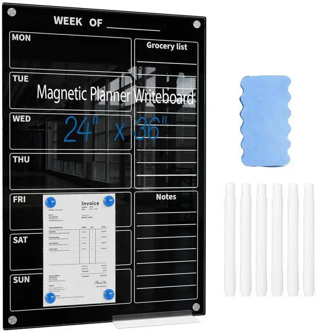 Main image of 24" x 36" Magnetic Weekly Glass Planner Whiteboard Frameless Black Dry Erase Calendar for Office or Home Kitchen - Premium Tempered Glass, Vertical Wall-Mounted (6 Markers Included)