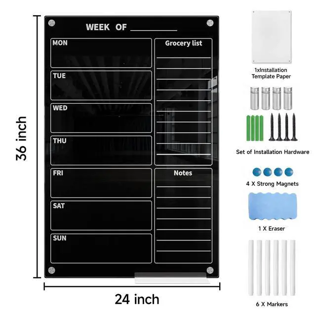 Alt view image 2 of 7 - 24" x 36" Magnetic Weekly Glass Planner Whiteboard Frameless Black Dry Erase Calendar for Office or Home Kitchen - Premium Tempered Glass, Vertical Wall-Mounted (6 Markers Included)