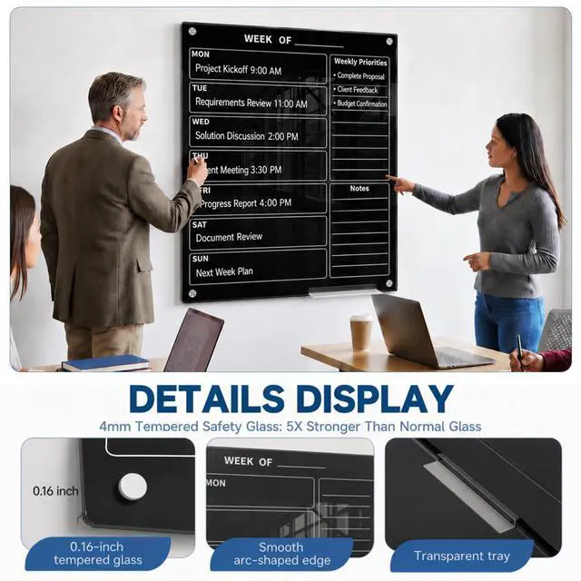 Alt view image 4 of 7 - 24" x 36" Magnetic Weekly Glass Planner Whiteboard Frameless Black Dry Erase Calendar for Office or Home Kitchen - Premium Tempered Glass, Vertical Wall-Mounted (6 Markers Included)
