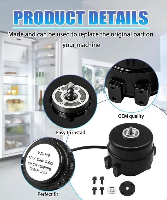Alt view image 2 of 6 - 800448 830037 Evaporator Fan Motor Fits for TR/UR Refrigerator | Condenser Fan Motor 115 Volts 9 Watts 1550 RPM