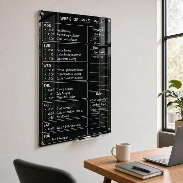 Alt view image 6 of 7 - 24" x 36" Magnetic Weekly Glass Planner Whiteboard Frameless Black Dry Erase Calendar for Office or Home Kitchen - Premium Tempered Glass, Vertical Wall-Mounted (6 Markers Included)