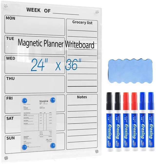 Main image of 24" x 36" Magnetic Weekly Glass Planner Whiteboard Frameless Ultra-White Dry Erase Calendar for Office or Home Kitchen - Premium Tempered Glass, Vertical Wall-Mounted (6 Markers Included)