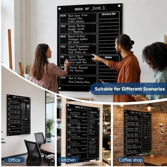 Alt view image 7 of 7 - 24" x 36" Magnetic Weekly Glass Planner Whiteboard Frameless Black Dry Erase Calendar for Office or Home Kitchen - Premium Tempered Glass, Vertical Wall-Mounted (6 Markers Included)