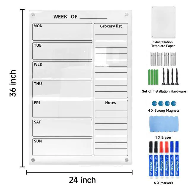 Alt view image 2 of 7 - 24" x 36" Magnetic Weekly Glass Planner Whiteboard Frameless Ultra-White Dry Erase Calendar for Office or Home Kitchen - Premium Tempered Glass, Vertical Wall-Mounted (6 Markers Included)