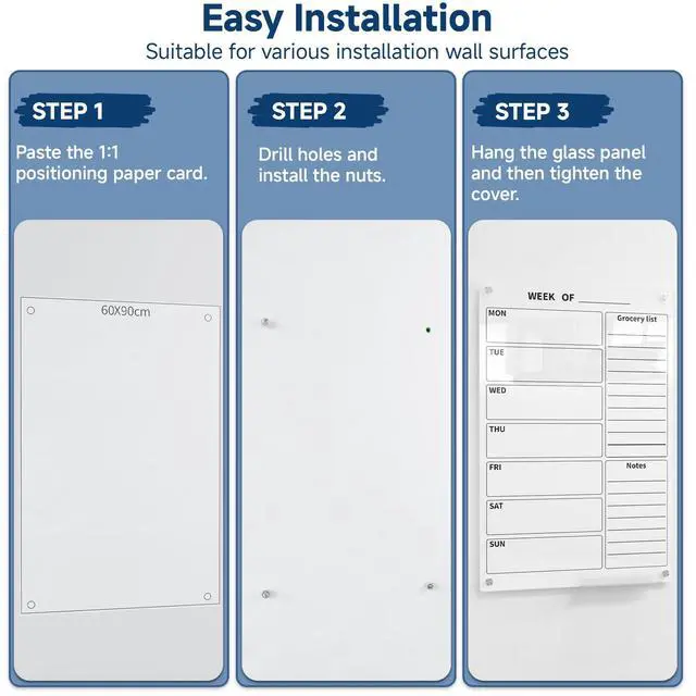 Alt view image 3 of 7 - 24" x 36" Magnetic Weekly Glass Planner Whiteboard Frameless Ultra-White Dry Erase Calendar for Office or Home Kitchen - Premium Tempered Glass, Vertical Wall-Mounted (6 Markers Included)