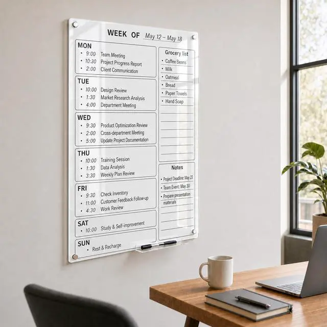 Alt view image 6 of 7 - 24" x 36" Magnetic Weekly Glass Planner Whiteboard Frameless Ultra-White Dry Erase Calendar for Office or Home Kitchen - Premium Tempered Glass, Vertical Wall-Mounted (6 Markers Included)