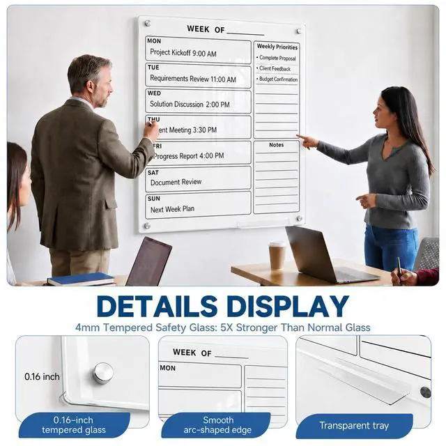 Alt view image 4 of 7 - 24" x 36" Magnetic Weekly Glass Planner Whiteboard Frameless Ultra-White Dry Erase Calendar for Office or Home Kitchen - Premium Tempered Glass, Vertical Wall-Mounted (6 Markers Included)