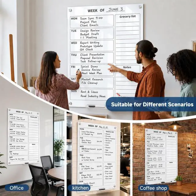 Alt view image 7 of 7 - 24" x 36" Magnetic Weekly Glass Planner Whiteboard Frameless Ultra-White Dry Erase Calendar for Office or Home Kitchen - Premium Tempered Glass, Vertical Wall-Mounted (6 Markers Included)