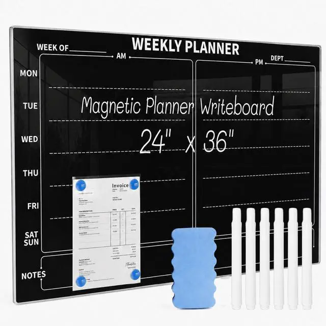 Main image of 24" x 36" Magnetic Weekly Glass Planner Whiteboard Frameless Black Dry Erase Calendar for Office or Home Kitchen - Premium Tempered Glass, Horizontale Wall-Mounted (6 Markers Included)