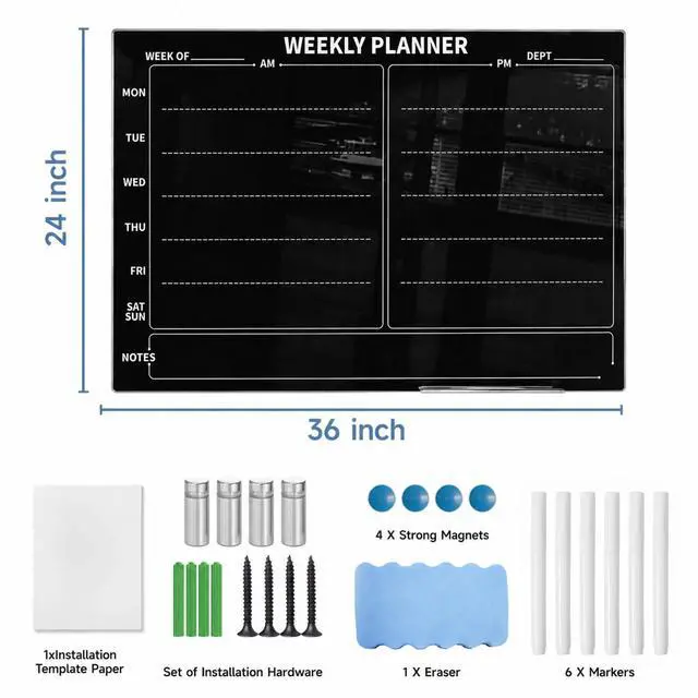 Alt view image 2 of 7 - 24" x 36" Magnetic Weekly Glass Planner Whiteboard Frameless Black Dry Erase Calendar for Office or Home Kitchen - Premium Tempered Glass, Horizontale Wall-Mounted (6 Markers Included)