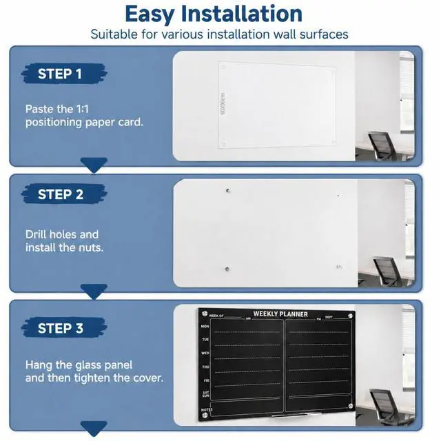 Alt view image 3 of 7 - 24" x 36" Magnetic Weekly Glass Planner Whiteboard Frameless Black Dry Erase Calendar for Office or Home Kitchen - Premium Tempered Glass, Horizontale Wall-Mounted (6 Markers Included)