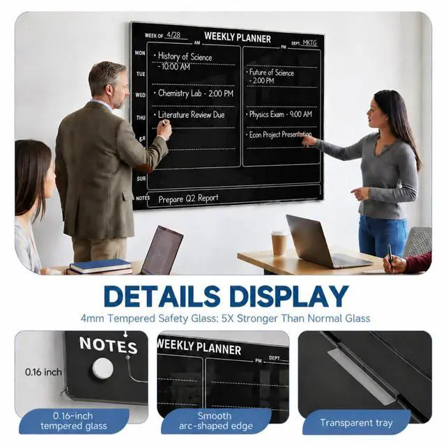 Alt view image 4 of 7 - 24" x 36" Magnetic Weekly Glass Planner Whiteboard Frameless Black Dry Erase Calendar for Office or Home Kitchen - Premium Tempered Glass, Horizontale Wall-Mounted (6 Markers Included)