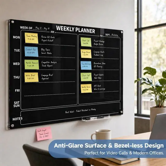 Alt view image 6 of 7 - 24" x 36" Magnetic Weekly Glass Planner Whiteboard Frameless Black Dry Erase Calendar for Office or Home Kitchen - Premium Tempered Glass, Horizontale Wall-Mounted (6 Markers Included)