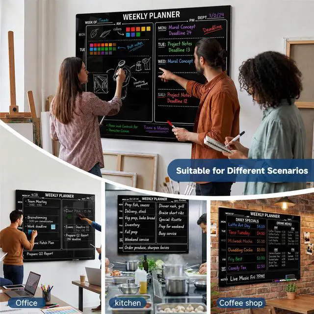 Alt view image 7 of 7 - 24" x 36" Magnetic Weekly Glass Planner Whiteboard Frameless Black Dry Erase Calendar for Office or Home Kitchen - Premium Tempered Glass, Horizontale Wall-Mounted (6 Markers Included)