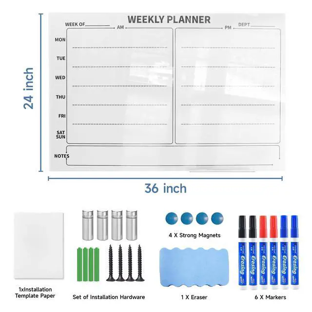 Alt view image 2 of 7 - 24" x 36" Magnetic Weekly Glass Planner Whiteboard Frameless Ultra-White Dry Erase Calendar for Office or Home Kitchen - Premium Tempered Glass, Horizontale Wall-Mounted (6 Markers Included)