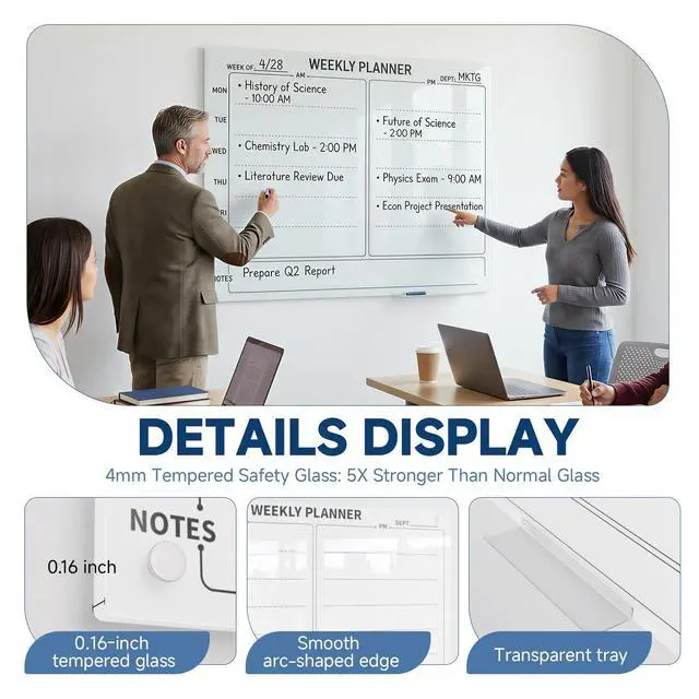 Alt view image 4 of 7 - 24" x 36" Magnetic Weekly Glass Planner Whiteboard Frameless Ultra-White Dry Erase Calendar for Office or Home Kitchen - Premium Tempered Glass, Horizontale Wall-Mounted (6 Markers Included)