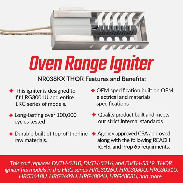 Alt view image 5 of 7 - Compatible With DVTH-5310, NX58h5600SS, WB13K21 Gas Range Oven Igniter - (NR038KX) Premium Oven Igniter Replacement Oven Igniter & Electric Gas Stove in THOR, LRG and HRG Series by Surface Igniter