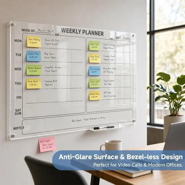 Alt view image 6 of 7 - 24" x 36" Magnetic Weekly Glass Planner Whiteboard Frameless Ultra-White Dry Erase Calendar for Office or Home Kitchen - Premium Tempered Glass, Horizontale Wall-Mounted (6 Markers Included)