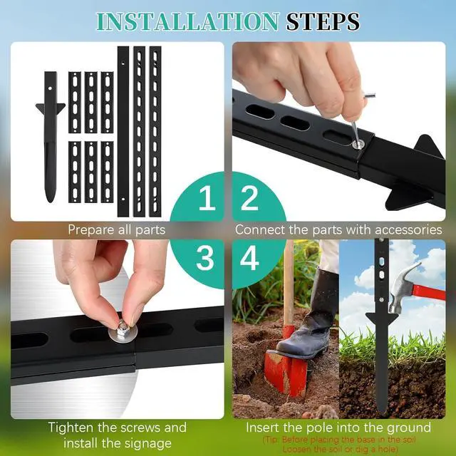 Alt view image 6 of 7 - 2 Pack 6 Ft Heavy Duty Metal Yard Sign Stake, Aluminum Adjustable Sign Post with Base, Fits 7 to 18 Inch Signs for Garden Lawn Road Parking Ground, Rust Resistant & Modern Design (Black)