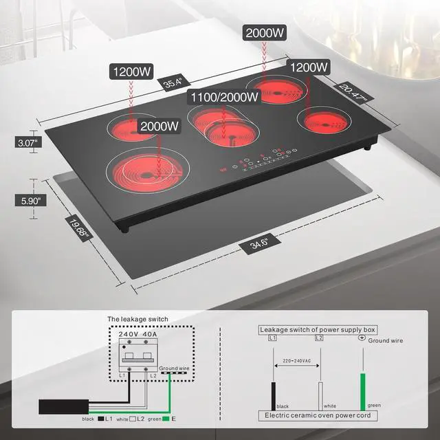 Alt view image 6 of 7 - Electric cooktop 36 inch,Electric Stove burner,Built-in and Countertop Stove Top, LED Touch Screen,9 Heating Level, Timer & Kid Safety Lock, Touch Control,240V 8600W Cooktop