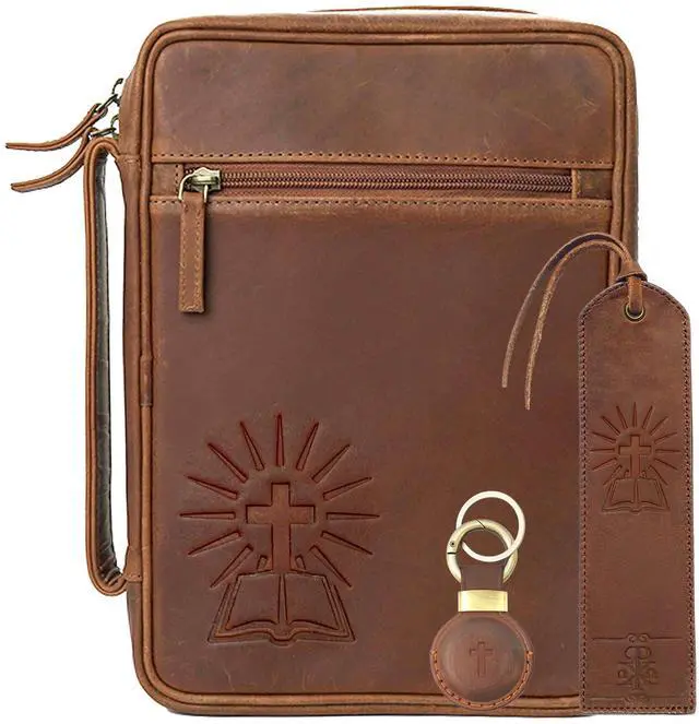 Main image of Large Leather Bible Cover with Cross - Genuine Buffalo Leather for Men & Women, with Handle, Zipper, Pockets - Church Bag Plus Bookmark & AirTag Compatible Holder - Durable & Stylish