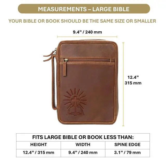 Alt view image 4 of 7 - Large Leather Bible Cover with Cross - Genuine Buffalo Leather for Men & Women, with Handle, Zipper, Pockets - Church Bag Plus Bookmark & AirTag Compatible Holder - Durable & Stylish