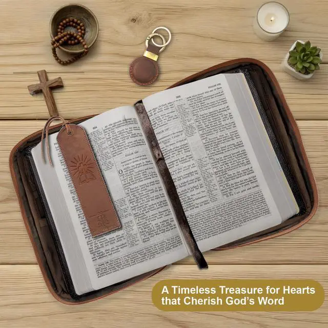 Alt view image 3 of 7 - Large Leather Bible Cover with Cross - Genuine Buffalo Leather for Men & Women, with Handle, Zipper, Pockets - Church Bag Plus Bookmark & AirTag Compatible Holder - Durable & Stylish