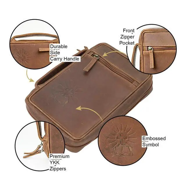 Alt view image 5 of 7 - Large Leather Bible Cover with Cross - Genuine Buffalo Leather for Men & Women, with Handle, Zipper, Pockets - Church Bag Plus Bookmark & AirTag Compatible Holder - Durable & Stylish