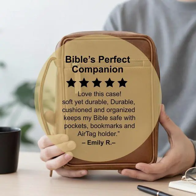 Alt view image 2 of 7 - Large Leather Bible Cover with Cross - Genuine Buffalo Leather for Men & Women, with Handle, Zipper, Pockets - Church Bag Plus Bookmark & AirTag Compatible Holder - Durable & Stylish