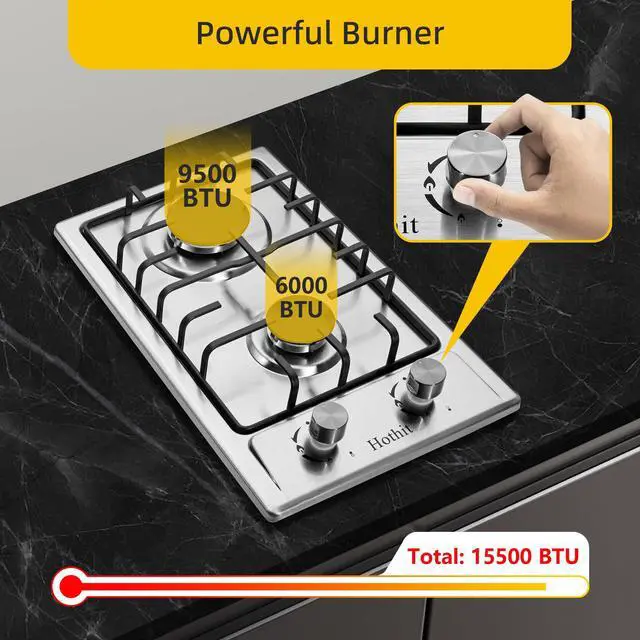 Alt view image 3 of 7 - 2 Burner Propane Gas Cooktop, 12" Inch LPG/NG Dual Fuel Built-in Gas Stove Top, Stainless Steel Electronic Ignition Gas Hob for Apartment, Outdoor, RVs