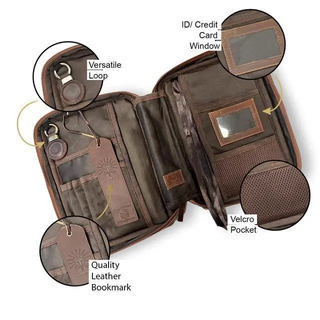 Alt view image 6 of 7 - Large Leather Bible Cover with Cross - Genuine Buffalo Leather for Men & Women, with Handle, Zipper, Pockets - Church Bag Plus Bookmark & AirTag Compatible Holder - Durable & Stylish