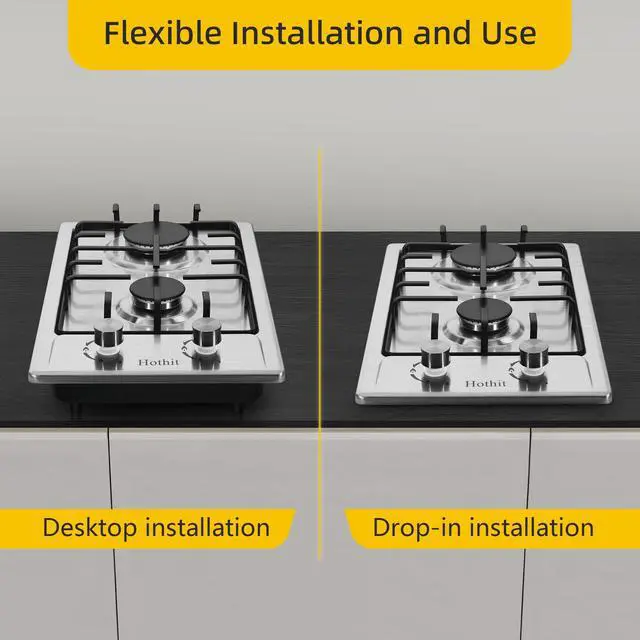 Alt view image 5 of 7 - 2 Burner Propane Gas Cooktop, 12" Inch LPG/NG Dual Fuel Built-in Gas Stove Top, Stainless Steel Electronic Ignition Gas Hob for Apartment, Outdoor, RVs