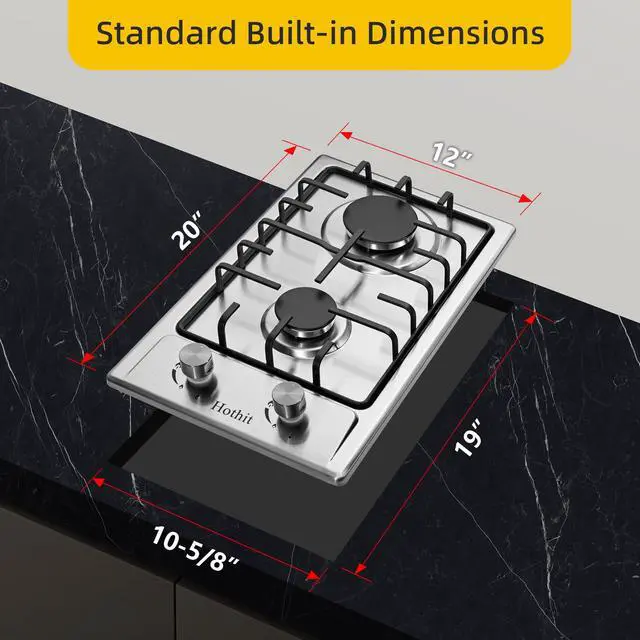 Alt view image 6 of 7 - 2 Burner Propane Gas Cooktop, 12" Inch LPG/NG Dual Fuel Built-in Gas Stove Top, Stainless Steel Electronic Ignition Gas Hob for Apartment, Outdoor, RVs