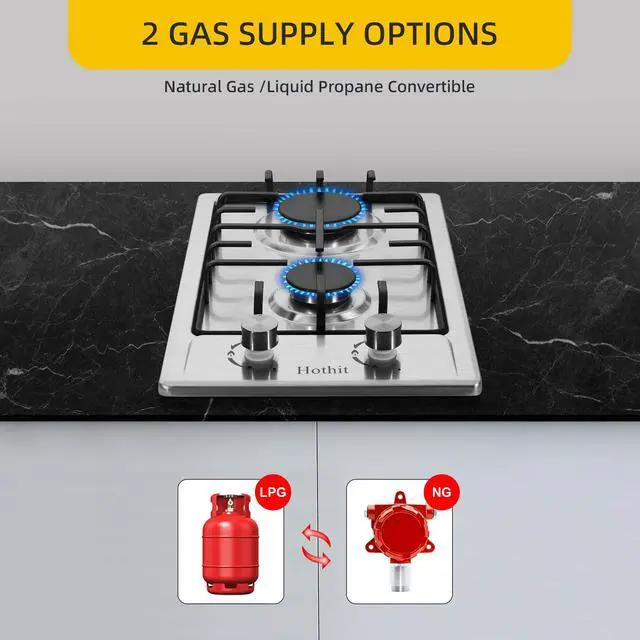 Alt view image 4 of 7 - 2 Burner Propane Gas Cooktop, 12" Inch LPG/NG Dual Fuel Built-in Gas Stove Top, Stainless Steel Electronic Ignition Gas Hob for Apartment, Outdoor, RVs