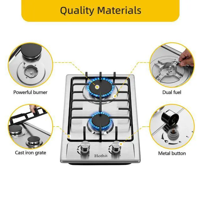 Alt view image 7 of 7 - 2 Burner Propane Gas Cooktop, 12" Inch LPG/NG Dual Fuel Built-in Gas Stove Top, Stainless Steel Electronic Ignition Gas Hob for Apartment, Outdoor, RVs