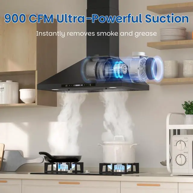 Alt view image 2 of 7 - Black Range Hood, 900 CFM, Wall Mount Range Hood 30 inch, Stainless Steel Kitchen Hood, Ducted/Ductless Convertible, Stove Vent Hood, Baffle Filters, LED Lights, Gesture & Touch Controls