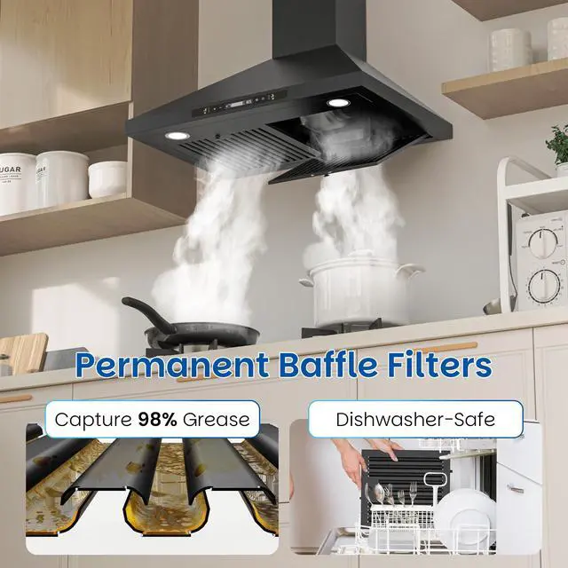 Alt view image 3 of 7 - Black Range Hood, 900 CFM, Wall Mount Range Hood 30 inch, Stainless Steel Kitchen Hood, Ducted/Ductless Convertible, Stove Vent Hood, Baffle Filters, LED Lights, Gesture & Touch Controls