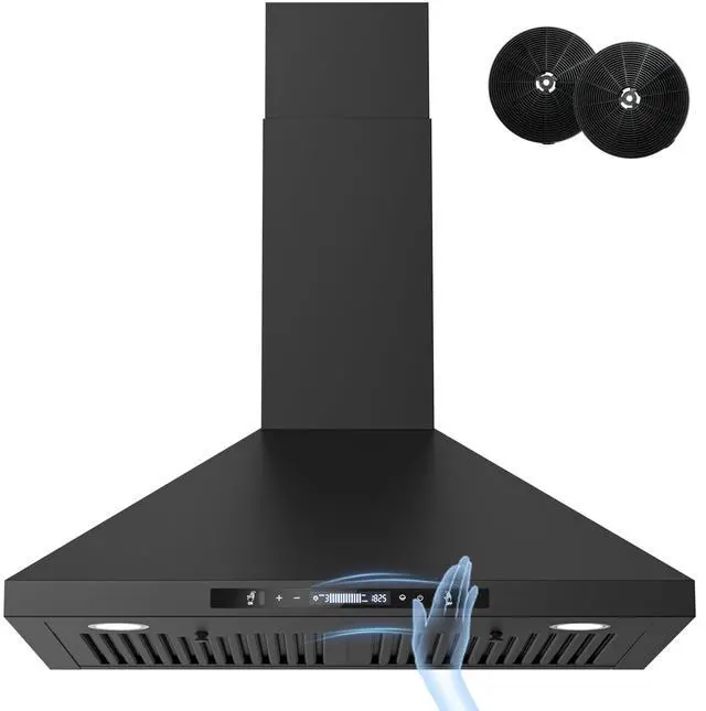 Main image of Black Range Hood, 900 CFM, Wall Mount Range Hood 30 inch, Stainless Steel Kitchen Hood, Ducted/Ductless Convertible, Stove Vent Hood, Baffle Filters, LED Lights, Gesture & Touch Controls